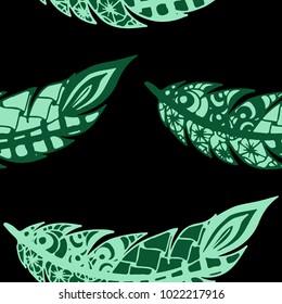 Doodle Feathers. Seamless Pattern with Hand Drawn Zentangles. Ethnic Boho Background. Simple Freehand Pattern for Rapport, Print, Textile, Fabric. Trendy Vintage Seamless Texture. Colorful Vector