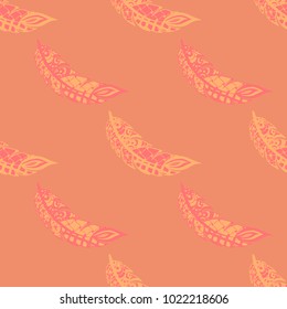 Doodle Feathers. Seamless Pattern with Hand Drawn Zentangles. Ethnic Boho Background. Simple Freehand Pattern for Rapport, Print, Textile, Fabric. Trendy Vintage Seamless Texture. Colorful Vector