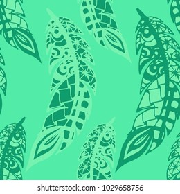 Doodle Feathers. Seamless Pattern with Hand Drawn Zentangles. Ethnic Boho Background. Simple Freehand Pattern for Rapport, Print, Textile, Fabric. Trendy Vintage Seamless Texture. Colorful Vector