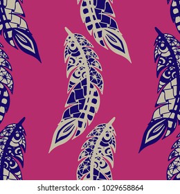 Doodle Feathers. Seamless Pattern with Hand Drawn Zentangles. Ethnic Boho Background. Simple Freehand Pattern for Rapport, Print, Textile, Fabric. Trendy Vintage Seamless Texture. Colorful Vector