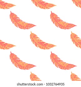 Doodle Feathers. Seamless Pattern with Hand Drawn Zentangles. Ethnic Boho Background. Simple Freehand Pattern for Rapport, Print, Textile, Fabric. Trendy Vintage Seamless Texture. Colorful Vector