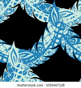 Doodle Feathers. Seamless Pattern with Hand Drawn Zentangles. Ethnic Boho Background. Simple Freehand Pattern for Rapport, Print, Textile, Fabric. Trendy Vintage Seamless Texture. Colorful Vector