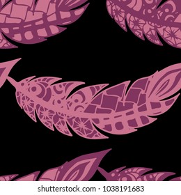Doodle Feathers. Seamless Pattern with Hand Drawn Zentangles. Ethnic Boho Background. Simple Freehand Pattern for Rapport, Print, Textile, Fabric. Trendy Vintage Seamless Texture. Colorful Vector