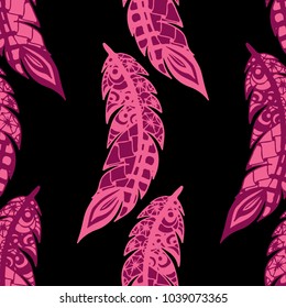 Doodle Feathers. Seamless Pattern with Hand Drawn Zentangles. Ethnic Boho Background. Simple Freehand Pattern for Rapport, Print, Textile, Fabric. Trendy Vintage Seamless Texture. Colorful Vector