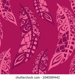 Doodle Feathers. Seamless Pattern with Hand Drawn Zentangles. Ethnic Boho Background. Simple Freehand Pattern for Rapport, Print, Textile, Fabric. Trendy Vintage Seamless Texture. Colorful Vector