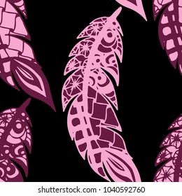 Doodle Feathers. Seamless Pattern with Hand Drawn Zentangles. Ethnic Boho Background. Simple Freehand Pattern for Rapport, Print, Textile, Fabric. Trendy Vintage Seamless Texture. Colorful Vector