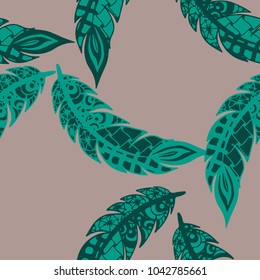 Doodle Feathers. Seamless Pattern with Hand Drawn Zentangles. Ethnic Boho Background. Simple Freehand Pattern for Rapport, Print, Textile, Fabric. Trendy Vintage Seamless Texture. Colorful Vector