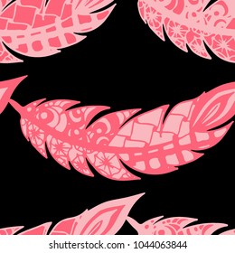 Doodle Feathers. Seamless Pattern with Hand Drawn Zentangles. Ethnic Boho Background. Simple Freehand Pattern for Rapport, Print, Textile, Fabric. Trendy Vintage Seamless Texture. Colorful Vector