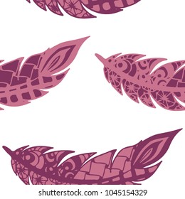 Doodle Feathers. Seamless Pattern with Hand Drawn Zentangles. Ethnic Boho Background. Simple Freehand Pattern for Rapport, Print, Textile, Fabric. Trendy Vintage Seamless Texture. Colorful Vector