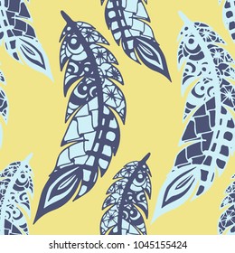 Doodle Feathers. Seamless Pattern with Hand Drawn Zentangles. Ethnic Boho Background. Simple Freehand Pattern for Rapport, Print, Textile, Fabric. Trendy Vintage Seamless Texture. Colorful Vector