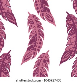 Doodle Feathers. Seamless Pattern with Hand Drawn Zentangles. Ethnic Boho Background. Simple Freehand Pattern for Rapport, Print, Textile, Fabric. Trendy Vintage Seamless Texture. Colorful Vector