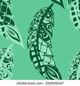 Doodle Feathers. Seamless Pattern with Hand Drawn Zentangles. Ethnic Boho Background. Simple Freehand Pattern for Rapport, Print, Textile, Fabric. Trendy Vintage Seamless Texture. Colorful Vector