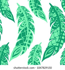 Doodle Feathers. Seamless Pattern with Hand Drawn Zentangles. Ethnic Boho Background. Simple Freehand Pattern for Rapport, Print, Textile, Fabric. Trendy Vintage Seamless Texture. Colorful Vector