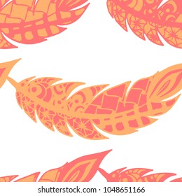 Doodle Feathers. Seamless Pattern with Hand Drawn Zentangles. Ethnic Boho Background. Simple Freehand Pattern for Rapport, Print, Textile, Fabric. Trendy Vintage Seamless Texture. Colorful Vector