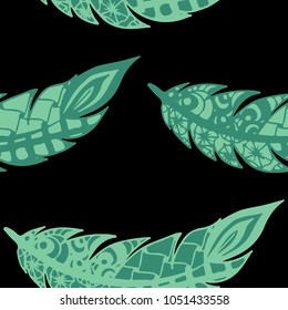 Doodle Feathers. Seamless Pattern with Hand Drawn Zentangles. Ethnic Boho Background. Simple Freehand Pattern for Rapport, Print, Textile, Fabric. Trendy Vintage Seamless Texture. Colorful Vector