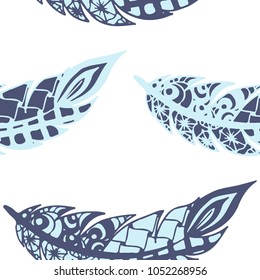Doodle Feathers. Seamless Pattern with Hand Drawn Zentangles. Ethnic Boho Background. Simple Freehand Pattern for Rapport, Print, Textile, Fabric. Trendy Vintage Seamless Texture. Colorful Vector