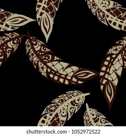 Doodle Feathers. Seamless Pattern with Hand Drawn Zentangles. Ethnic Boho Background. Simple Freehand Pattern for Rapport, Print, Textile, Fabric. Trendy Vintage Seamless Texture. Colorful Vector