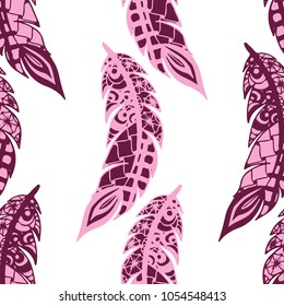 Doodle Feathers. Seamless Pattern with Hand Drawn Zentangles. Ethnic Boho Background. Simple Freehand Pattern for Rapport, Print, Textile, Fabric. Trendy Vintage Seamless Texture. Colorful Vector