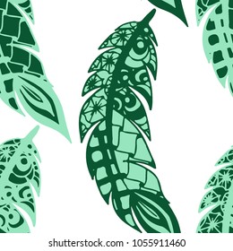 Doodle Feathers. Seamless Pattern with Hand Drawn Zentangles. Ethnic Boho Background. Simple Freehand Pattern for Rapport, Print, Textile, Fabric. Trendy Vintage Seamless Texture. Colorful Vector