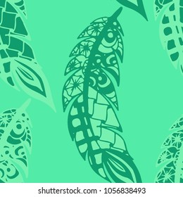 Doodle Feathers. Seamless Pattern with Hand Drawn Zentangles. Ethnic Boho Background. Simple Freehand Pattern for Rapport, Print, Textile, Fabric. Trendy Vintage Seamless Texture. Colorful Vector