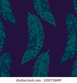 Doodle Feathers. Seamless Pattern with Hand Drawn Zentangles. Ethnic Boho Background. Simple Freehand Pattern for Rapport, Print, Textile, Fabric. Trendy Vintage Seamless Texture. Colorful Vector