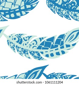 Doodle Feathers. Seamless Pattern with Hand Drawn Zentangles. Ethnic Boho Background. Simple Freehand Pattern for Rapport, Print, Textile, Fabric. Trendy Vintage Seamless Texture. Colorful Vector
