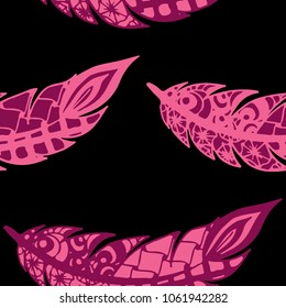 Doodle Feathers. Seamless Pattern with Hand Drawn Zentangles. Ethnic Boho Background. Simple Freehand Pattern for Rapport, Print, Textile, Fabric. Trendy Vintage Seamless Texture. Colorful Vector