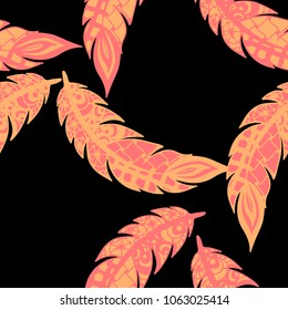 Doodle Feathers. Seamless Pattern with Hand Drawn Zentangles. Ethnic Boho Background. Simple Freehand Pattern for Rapport, Print, Textile, Fabric. Trendy Vintage Seamless Texture. Colorful Vector