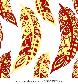 Doodle Feathers. Seamless Pattern with Hand Drawn Zentangles. Ethnic Boho Background. Simple Freehand Pattern for Rapport, Print, Textile, Fabric. Trendy Vintage Seamless Texture. Colorful Vector