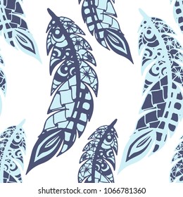 Doodle Feathers. Seamless Pattern with Hand Drawn Zentangles. Ethnic Boho Background. Simple Freehand Pattern for Rapport, Print, Textile, Fabric. Trendy Vintage Seamless Texture. Colorful Vector