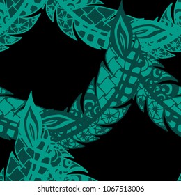 Doodle Feathers. Seamless Pattern with Hand Drawn Zentangles. Ethnic Boho Background. Simple Freehand Pattern for Rapport, Print, Textile, Fabric. Trendy Vintage Seamless Texture. Colorful Vector