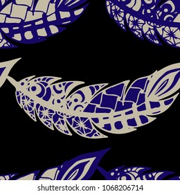 Doodle Feathers. Seamless Pattern with Hand Drawn Zentangles. Ethnic Boho Background. Simple Freehand Pattern for Rapport, Print, Textile, Fabric. Trendy Vintage Seamless Texture. Colorful Vector