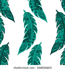 Doodle Feathers. Seamless Pattern with Hand Drawn Zentangles. Ethnic Boho Background. Simple Freehand Pattern for Rapport, Print, Textile, Fabric. Trendy Vintage Seamless Texture. Colorful Vector
