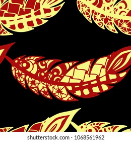 Doodle Feathers. Seamless Pattern with Hand Drawn Zentangles. Ethnic Boho Background. Simple Freehand Pattern for Rapport, Print, Textile, Fabric. Trendy Vintage Seamless Texture. Colorful Vector