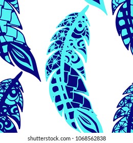 Doodle Feathers. Seamless Pattern with Hand Drawn Zentangles. Ethnic Boho Background. Simple Freehand Pattern for Rapport, Print, Textile, Fabric. Trendy Vintage Seamless Texture. Colorful Vector