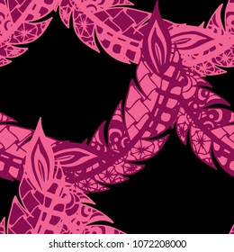 Doodle Feathers. Seamless Pattern with Hand Drawn Zentangles. Ethnic Boho Background. Simple Freehand Pattern for Rapport, Print, Textile, Fabric. Trendy Vintage Seamless Texture. Colorful Vector