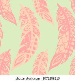 Doodle Feathers. Seamless Pattern with Hand Drawn Zentangles. Ethnic Boho Background. Simple Freehand Pattern for Rapport, Print, Textile, Fabric. Trendy Vintage Seamless Texture. Colorful Vector