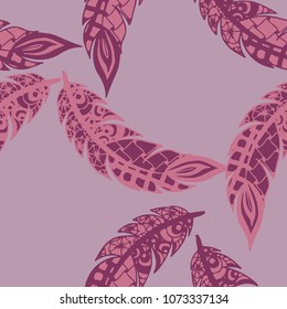 Doodle Feathers. Seamless Pattern with Hand Drawn Zentangles. Ethnic Boho Background. Simple Freehand Pattern for Rapport, Print, Textile, Fabric. Trendy Vintage Seamless Texture. Colorful Vector