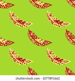 Doodle Feathers. Seamless Pattern with Hand Drawn Zentangles. Ethnic Boho Background. Simple Freehand Pattern for Rapport, Print, Textile, Fabric. Trendy Vintage Seamless Texture. Colorful Vector