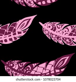 Doodle Feathers. Seamless Pattern with Hand Drawn Zentangles. Ethnic Boho Background. Simple Freehand Pattern for Rapport, Print, Textile, Fabric. Trendy Vintage Seamless Texture. Colorful Vector