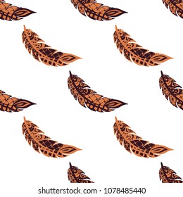 Doodle Feathers. Seamless Pattern with Hand Drawn Zentangles. Ethnic Boho Background. Simple Freehand Pattern for Rapport, Print, Textile, Fabric. Trendy Vintage Seamless Texture. Colorful Vector