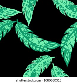 Doodle Feathers. Seamless Pattern with Hand Drawn Zentangles. Ethnic Boho Background. Simple Freehand Pattern for Rapport, Print, Textile, Fabric. Trendy Vintage Seamless Texture. Colorful Vector