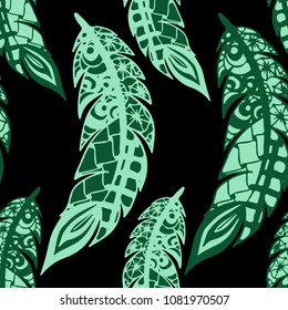 Doodle Feathers. Seamless Pattern with Hand Drawn Zentangles. Ethnic Boho Background. Simple Freehand Pattern for Rapport, Print, Textile, Fabric. Trendy Vintage Seamless Texture. Colorful Vector