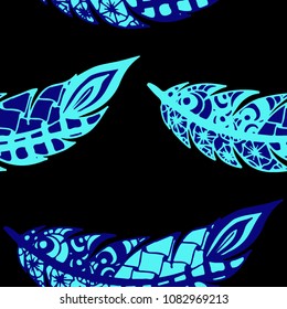 Doodle Feathers. Seamless Pattern with Hand Drawn Zentangles. Ethnic Boho Background. Simple Freehand Pattern for Rapport, Print, Textile, Fabric. Trendy Vintage Seamless Texture. Colorful Vector