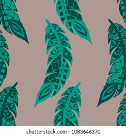Doodle Feathers. Seamless Pattern with Hand Drawn Zentangles. Ethnic Boho Background. Simple Freehand Pattern for Rapport, Print, Textile, Fabric. Trendy Vintage Seamless Texture. Colorful Vector