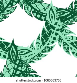 Doodle Feathers. Seamless Pattern with Hand Drawn Zentangles. Ethnic Boho Background. Simple Freehand Pattern for Rapport, Print, Textile, Fabric. Trendy Vintage Seamless Texture. Colorful Vector