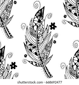 Doodle Feathers in Seamless Pattern. Hand Drawn Zentangle Scanned and Traced to Vector. Black and White Texture for Wallpaper, Fabric, Wrapping, Dress, Linen. Monochrome Modern Rapport
