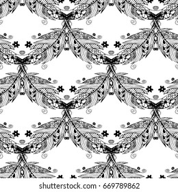 Doodle Feathers in Seamless Pattern. Hand Drawn Zentangle Scanned and Traced to Vector. Black and White Texture for Wallpaper, Fabric, Wrapping, Dress, Linen. Monochrome Modern Rapport