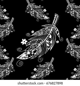 Doodle Feathers in Seamless Pattern. Hand Drawn Zentangle Scanned and Traced to Vector. Black and White Texture for Wallpaper, Fabric, Wrapping, Dress, Linen. Monochrome Modern Rapport