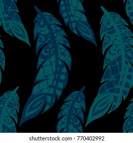 Doodle Feathers. Seamless Pattern with Hand Drawn Zentangles. Ethnic Boho Background. Simple Freehand Pattern for Rapport, Print, Textile, Fabric. Trendy Vintage Seamless Texture. Colorful Vector
